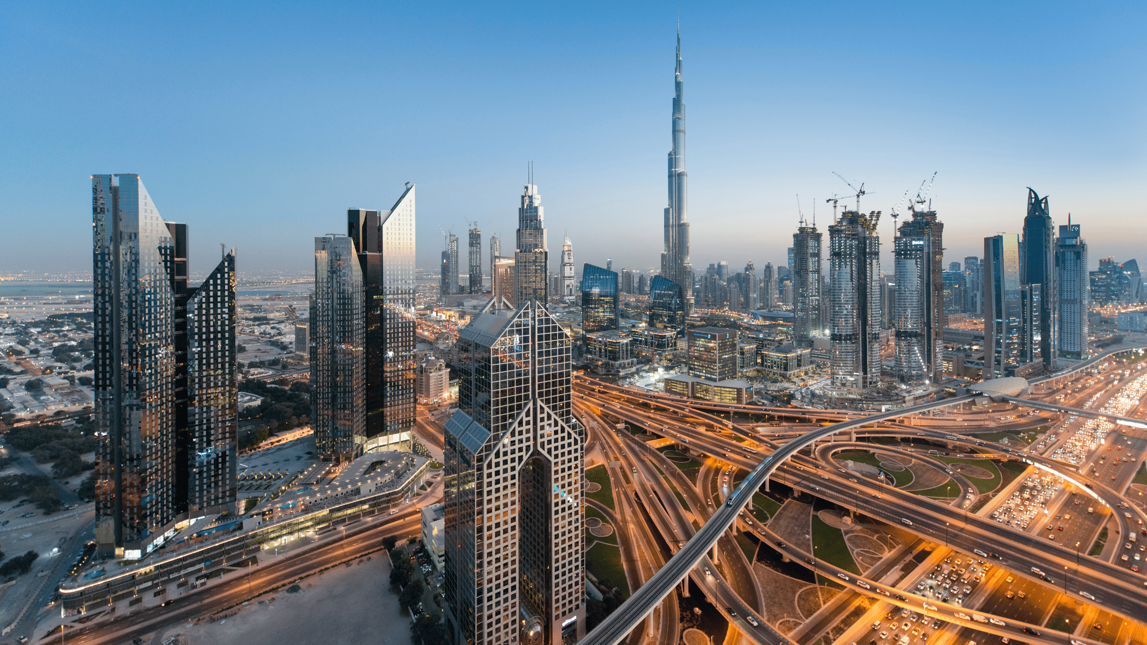 Aerial shot of Burj khalifa with high rise skyscrapers